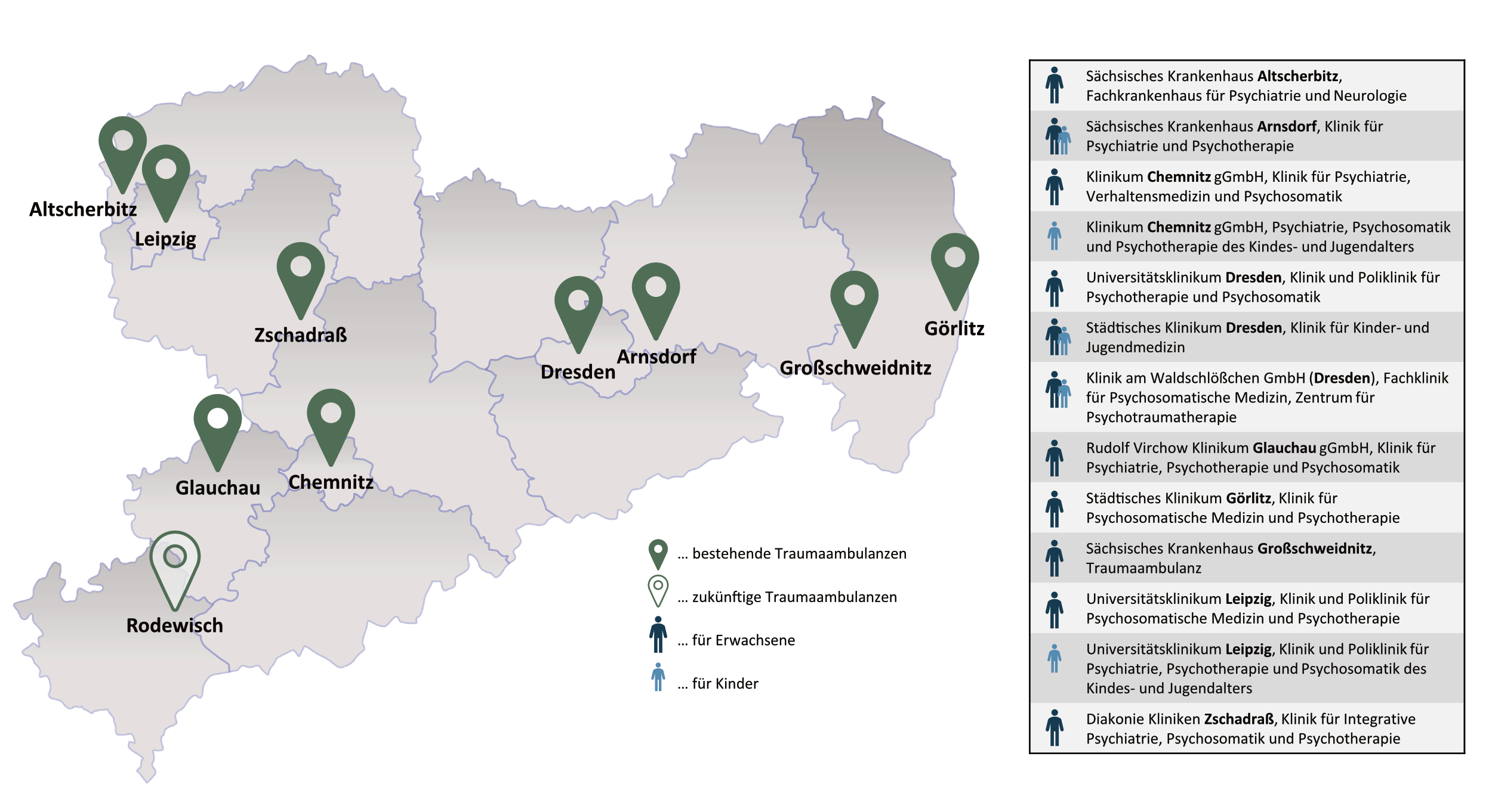 Klick zum vergrößern Sachsenkarte mit Standorten der Traumaambulanzen